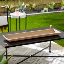 HC Companies Farmhouse Venetian 30 Inch Rectangular Flower Box Plant Saucer Drip Tray, Sandstone Tan