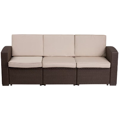 Emma And Oliver Chocolate Brown Faux Rattan Sofa With Beige Cushions - Image 7