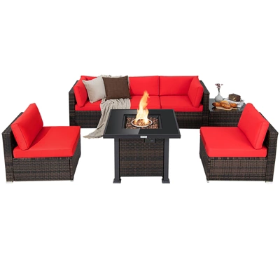 Tangkula Patio Rattan 7PCS Cushioned Chair Set Furniture Set Thick Cushion W/ 50,000 BTU Propane Fire Pit Table For Garden Black/Navy/Red/Turquoise/Off White - Image 10