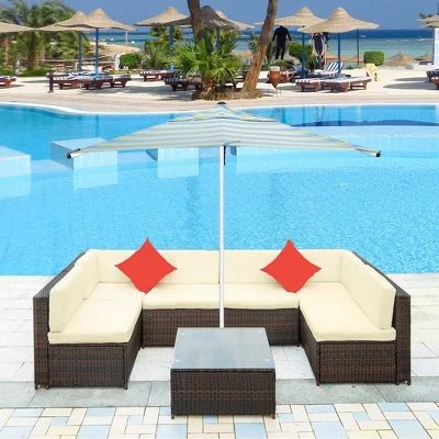 7pc Wicker Patio Sofa Set With Cushions - Brown/Beige - GODEER - Image 3