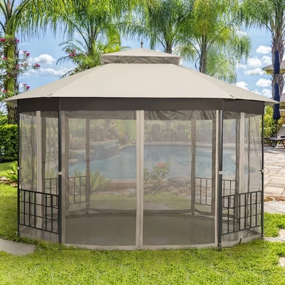 Costway 10'x12' Patio Gazebo Canopy Shelter Double Top Netting Sidewalls Beige - Image 2