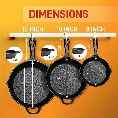 NutriChef Heavy Duty Non Stick Pre Seasoned Cast Iron Skillet Frying Pan 3 Piece Set, 8 Inch 10 Inch 12 Inch Pans With Silicone Handles (2 Pack) - Image 2