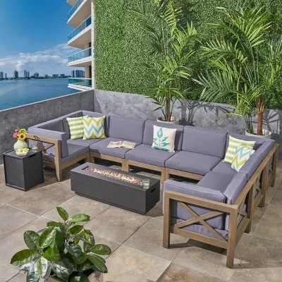 Thasos 10pc Acacia U-Shaped Farmhouse Sectional Sofa Set With Fire Pit - Gray - Christopher Knight Home - Image 4