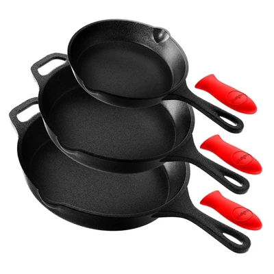 NutriChef Heavy Duty Non Stick Pre Seasoned Cast Iron Skillet Frying Pan 3 Piece Set, 8 Inch 10 Inch 12 Inch Pans With Silicone Handles (2 Pack)