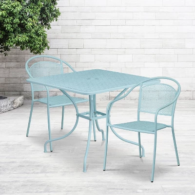 Flash Furniture Oia Commercial Grade 35.5" Square Indoor-Outdoor Steel Patio Table Set With 2 Round Back Chairs