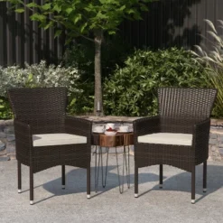Merrick Lane Patio Chairs With Fade And Weather Resistant Wicker Wrapped Powder Coated Steel Frames & Cushions-Set Of 2