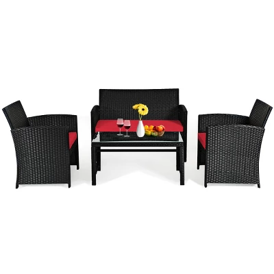 Tangkula 4 Piece Outdoor Patio Rattan Furniture Set Red Cushioned Seat For Garden, Porch, Lawn - Image 5