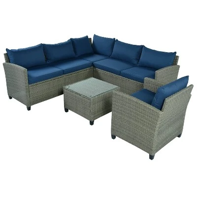 5pc Outdoor Wicker Conversation Set With Cushions - Blue - GODEER - Image 2