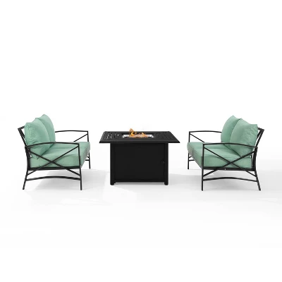 Kaplan 3pc Outdoor Conversation Set With Fire Table & 2 Loveseats - Mist - Crosley