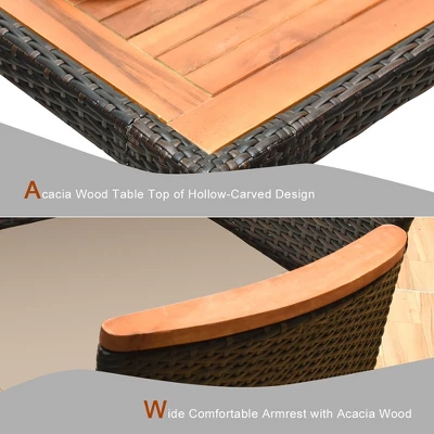 Costway 9PCS Patio Rattan Dining Set 8 Chairs Cushioned Acacia Table Top - Image 7