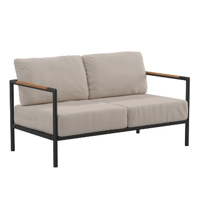 Merrick Lane Outdoor Loveseat With Removable Plush Fabric Cushions And Teak Accented Aluminum Frame - Image 14