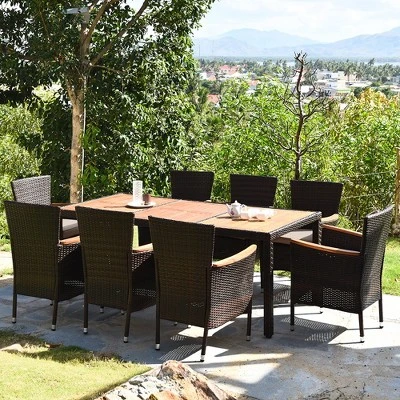 Costway 9PCS Patio Rattan Dining Set 8 Chairs Cushioned Acacia Table Top - Image 4