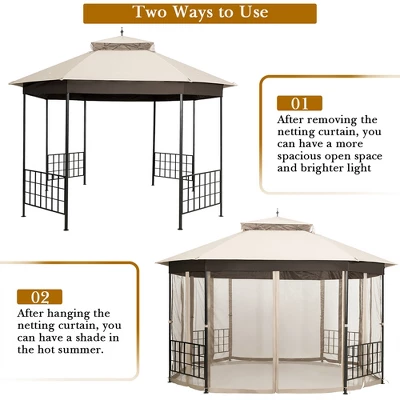 Costway 10'x12' Patio Gazebo Canopy Shelter Double Top Netting Sidewalls Beige - Image 8