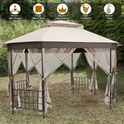 Costway 10'x12' Patio Gazebo Canopy Shelter Double Top Netting Sidewalls Beige - Image 4