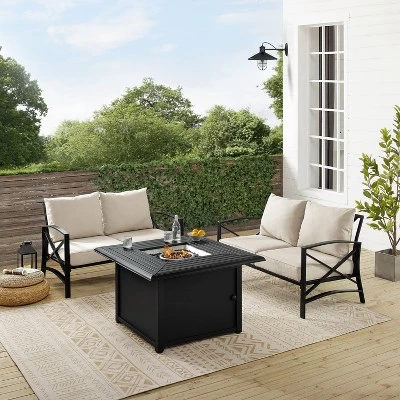 Kaplan 3pc Outdoor Conversation Set With Fire Table & 2 Loveseats - Oatmeal - Crosley - Image 4
