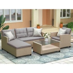 4pc Wicker Patio Conversation Set With Cushions - Beige/Brown - GODEER