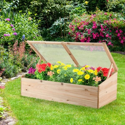 Costway Wooden Cold Frame Greenhouse Flower Planter Raised Plants Bed Protection - Image 2
