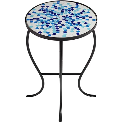 Teal Island Designs Modern Black Round Outdoor Accent Side Table 14" Wide Multi Blue Mosaic Tabletop For Front Porch Patio House Balcony - Image 7