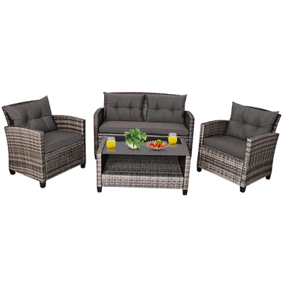 Costway 4PCS/8PCS Patio Rattan Furniture Set Coffee Table Cushioned Sofa Garden Lawn Gray - Image 8