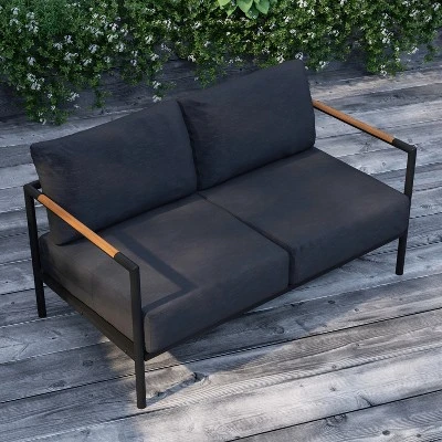 Merrick Lane Outdoor Loveseat With Removable Plush Fabric Cushions And Teak Accented Aluminum Frame - Image 5
