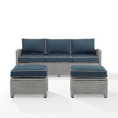 Bradenton 3pc Outdoor Wicker Sofa & 2 Ottoman Set - Navy/Gray - Crosley - Image 6