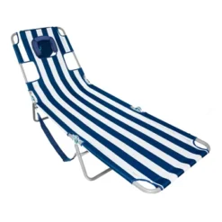 Camco Ostrich Chaise Beach Chair And Backpack Chaise Poolside Lounge Chair With 4 Adjustable Chair Positions And Carrying Straps, Navy Stripes