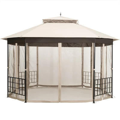 Costway 10'x12' Patio Gazebo Canopy Shelter Double Top Netting Sidewalls Beige - Image 7