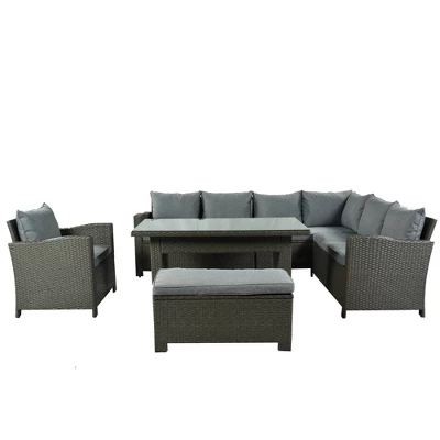6pc Outdoor Set With Loveseats, Sofa, Chair, Bench & Coffee Table - Gray - GODEER - Image 4