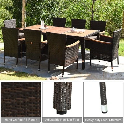 Costway 9PCS Patio Rattan Dining Set 8 Chairs Cushioned Acacia Table Top - Image 5