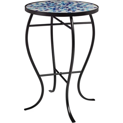 Teal Island Designs Modern Black Round Outdoor Accent Side Table 14" Wide Multi Blue Mosaic Tabletop For Front Porch Patio House Balcony - Image 5