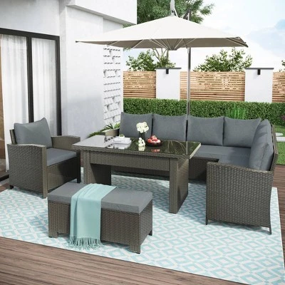 6pc Outdoor Set With Loveseats, Sofa, Chair, Bench & Coffee Table - Gray - GODEER