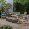 Augusta 5pc Wood & Wicker Chat Set With Fire Pit - Natural/Gray/Dark Gray - Christopher Knight Home
