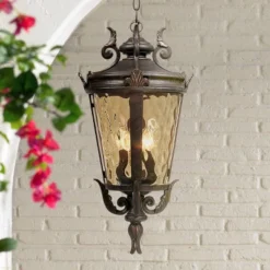 John Timberland Casa Marseille Rustic Vintage Flush Mount Outdoor Hanging Light Bronze Scroll 23 3/4" Champagne Hammered Glass For Post Exterior Barn