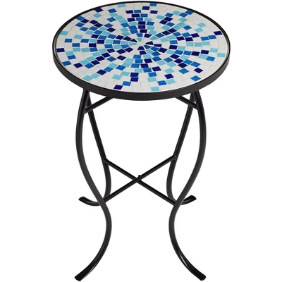 Teal Island Designs Modern Black Round Outdoor Accent Side Table 14" Wide Multi Blue Mosaic Tabletop For Front Porch Patio House Balcony - Image 6