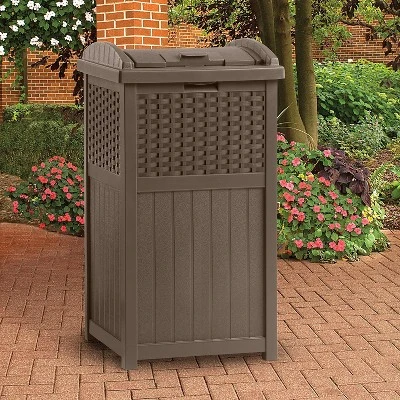 Suncast Trash Hideaway Resin Wicker Style Garbage Bin & 99 Gallon Deck Box, Java - Image 4