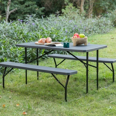 Gardenised Gray Outdoor Foldable Woodgrain Portable Picnic Table Set, 5 Feet Long - Image 2