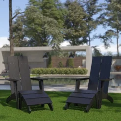 Flash Furniture Set Of 2 Sawyer Modern All-Weather Poly Resin Wood Adirondack Chairs With Foot Rests