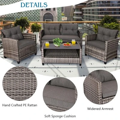Costway 4PCS/8PCS Patio Rattan Furniture Set Coffee Table Cushioned Sofa Garden Lawn Gray - Image 5
